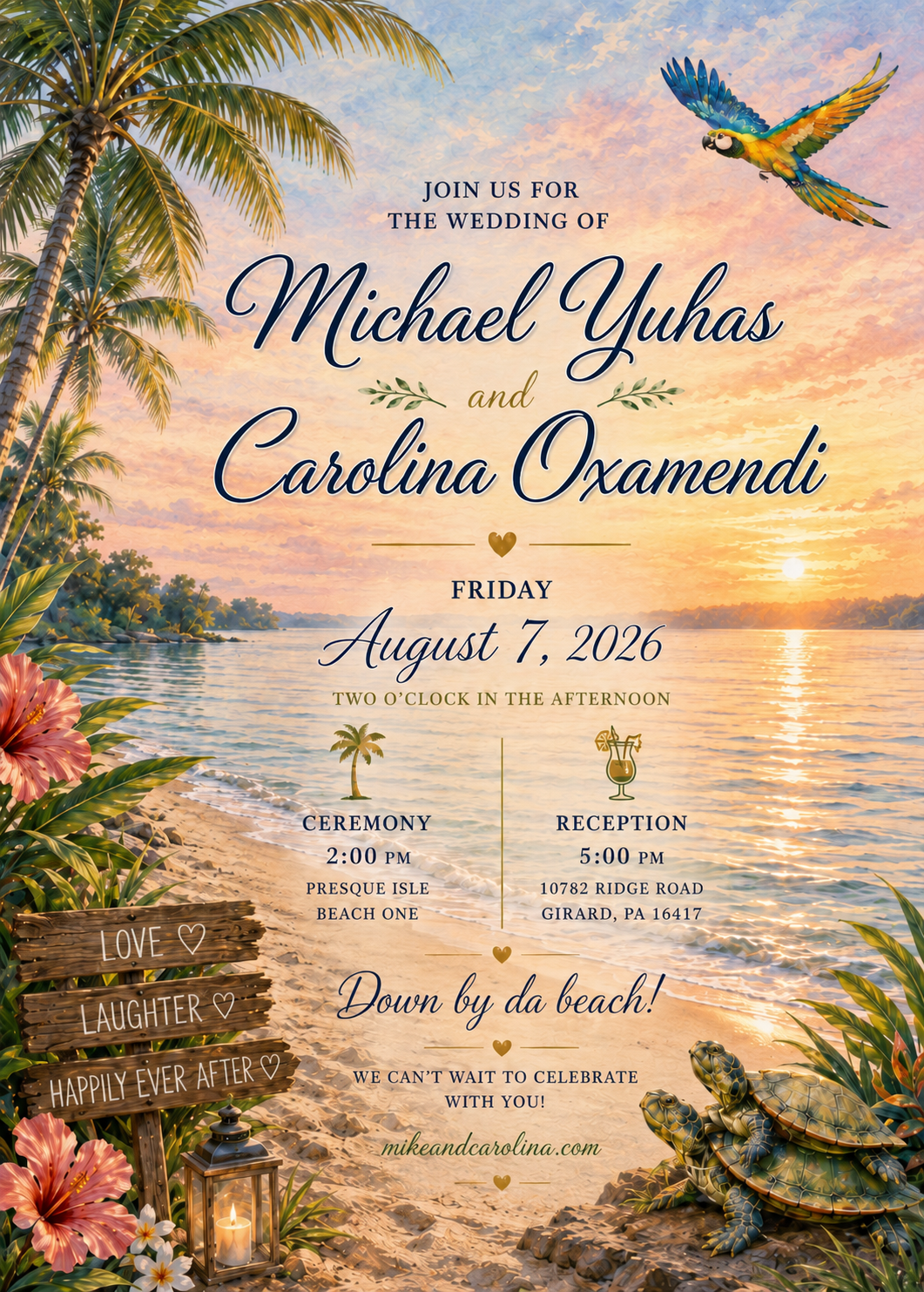 Wedding invitation front for Michael Yuhas and Carolina Oxamendi